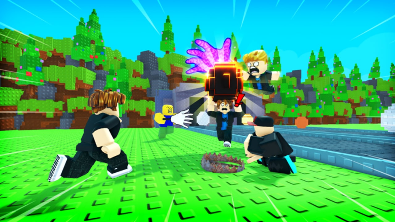 Players colliding on the lime grass as a glowing voxel egg is stolen mid-hatch in Steal A Brainrot Egg